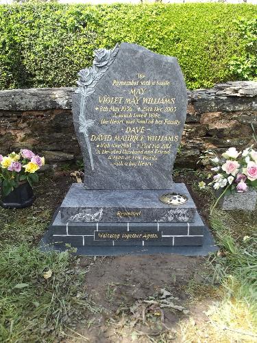 Craven Arms Memorials Hand carved Silk Blue Granite stone, hand cut and etched lettering in Gold Leaf.
