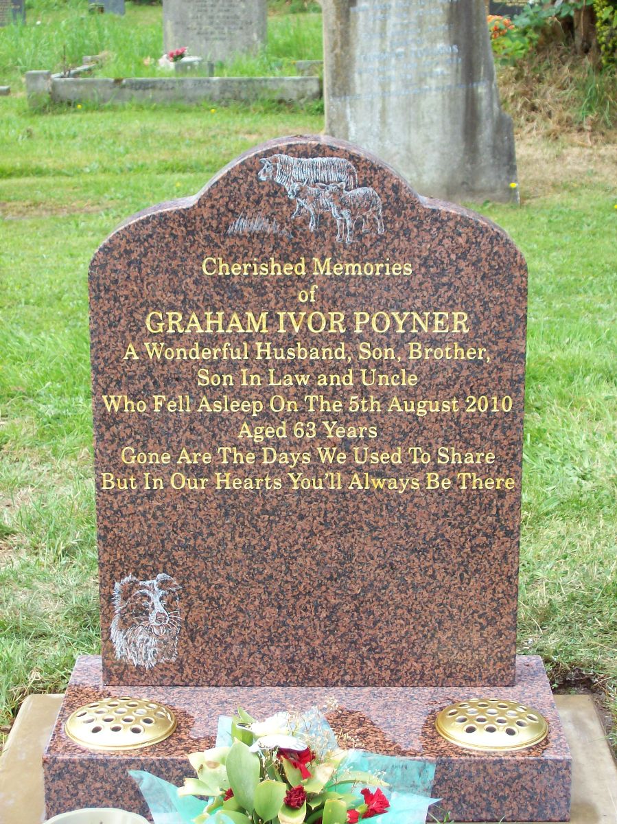 Balmoral Red Granite Trefoil, with Sandblast Lettering in Gold with Hand Etched Dog and Sheep